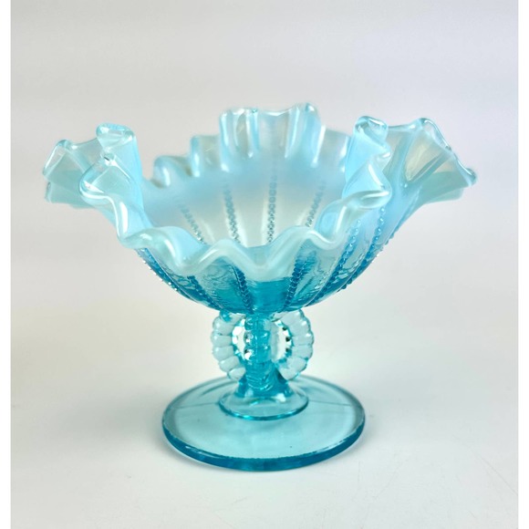Vintage Fenton For LG Wright Blue Opalescent Beaded Footed Ruffled Edge Compote - Picture 5 of 14